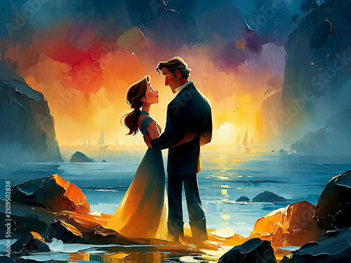 A romantic couple standing on a rocky beach at sunset, gazing into each others eyes with a warm, golden glow reflecting on the water, digital oil painting style