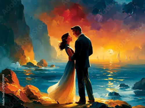 A romantic couple standing on a rocky beach at sunset, gazing into each others eyes with a beautiful ocean view, sailboats in the distance, vibrant oil painting style illustration