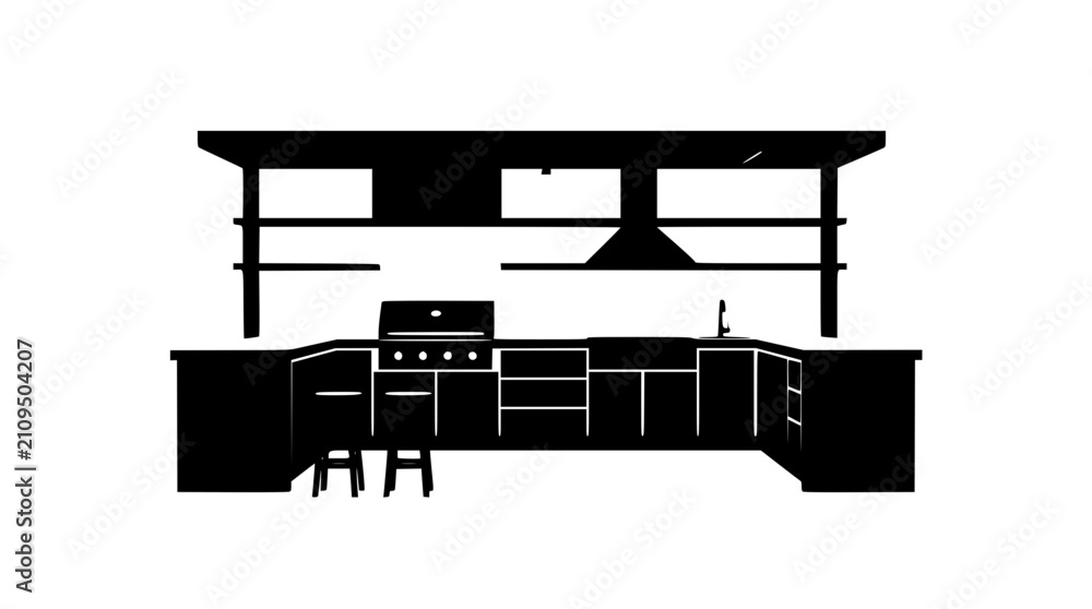 Fototapeta premium Silhouette of a modern outdoor kitchen with grill and shelves