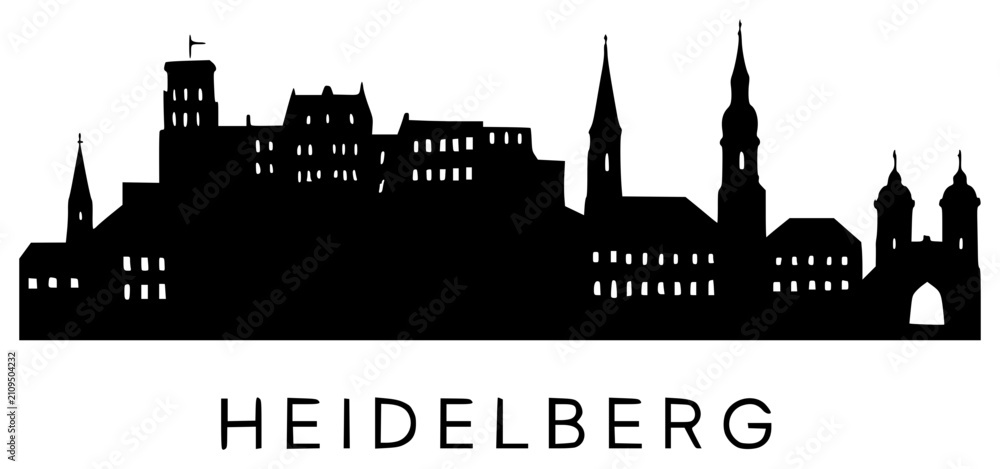 Obraz premium Heidelberg Skyline black silhouette vector illustration, simple flat clipart design isolated on white background