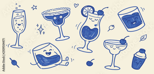 Konstfotografi Cocktail Drinks Set Naive Doodle Vector Illustration
