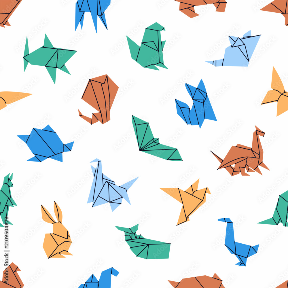 Obraz premium Repeatable pattern of colourful animals origami. Endless background of folded paper into different figures. Wrapping with Asian crafts, handmade paper toys. Flat seamless vector illustration
