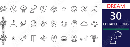 Dream line icons for sleep, hope, imagination, wellness, mindfulness, creativity, and future goals.