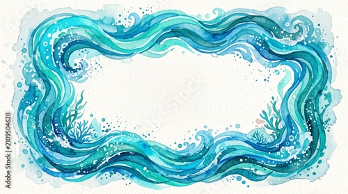 Watercolor ocean waves frame isolated on white background