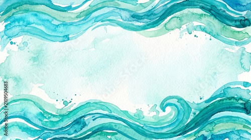 Watercolor wave border background with teal and blue ocean splashes