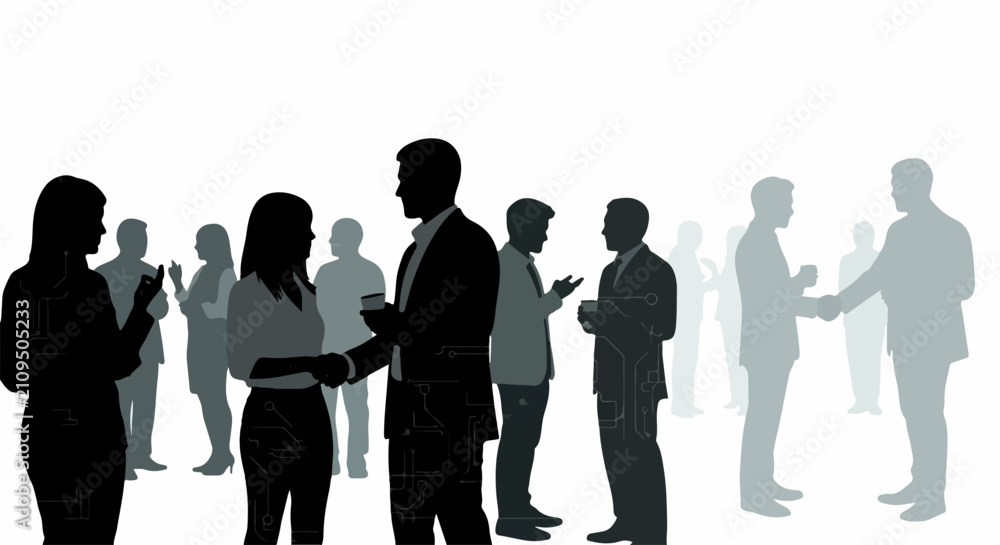 Obraz premium Business people silhouettes vector illustration with professional group networking at corporate event. Business people silhouettes vector graphic showing colleagues talking.
