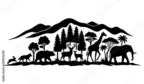Photography Black Wildlife Animal Tree and Mountain Silhouettes Landscape Vector