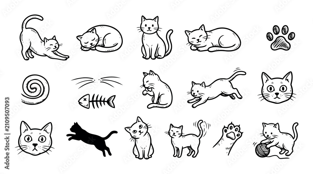 Obraz premium Various cat poses and playful actions with related elements including paw prints, fishbone, and yarn ball