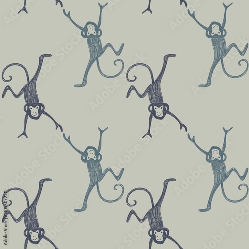 Photography Hand Drawn Seamless Monkey Pattern with Playful Monkeys on Neutral Background