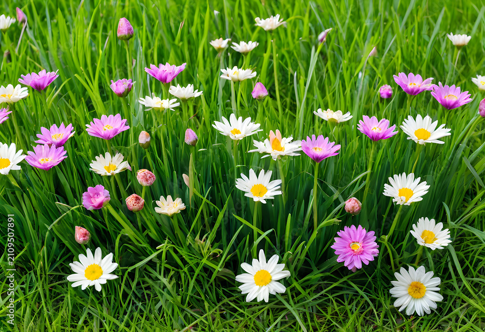 Fototapeta premium Field of blooming daisies and pink flowers in green grass