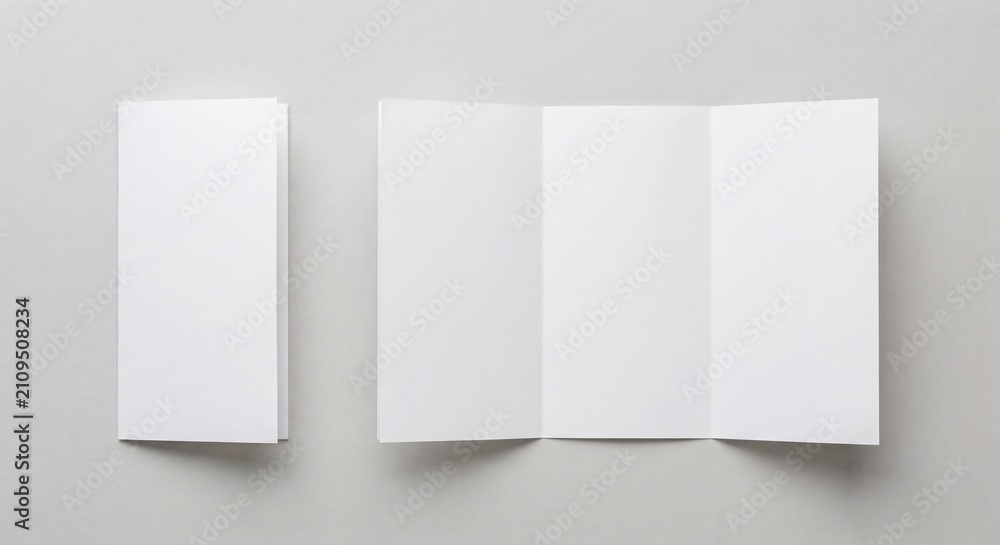 Naklejka premium Top-down view of white folded and unfolded brochures on a neutral light gray background with soft lighting.