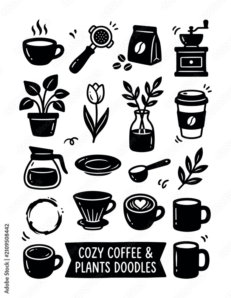 Obraz premium Cozy coffee and potted plants doodles with cups, coffee grinder, and latte art