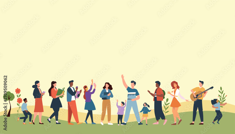 Obraz premium A diverse group of people, including adults and children, happily interacting and celebrating together in a vibrant outdoor setting.