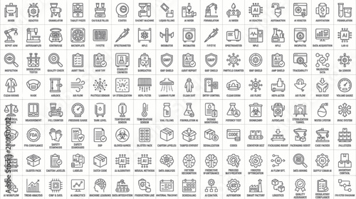 Set of 100 thin line icons for pharmaceutical manufacturing and laboratory