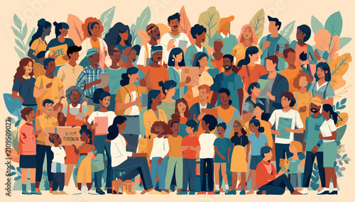 A vibrant illustration of a large, diverse community group featuring people of all ages, genders, and ethnicities standing and sitting together, surrounded by natural leaf elements.