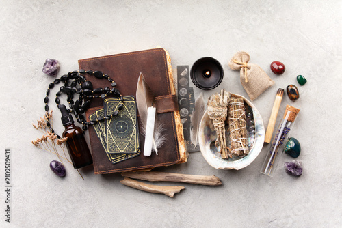 Obraz na plátně Mystical Spiritual Tools with Journal and Healing Accessories