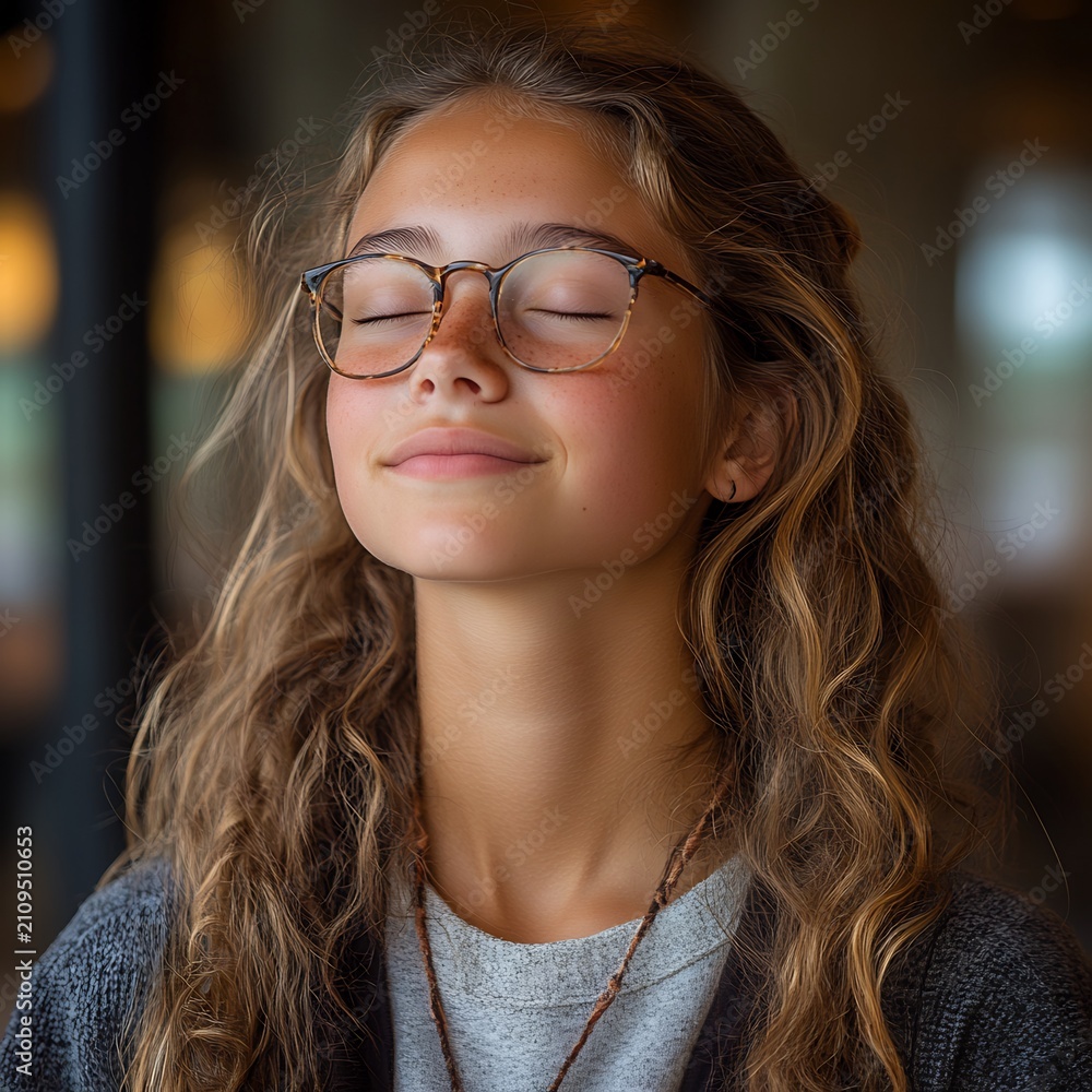 Fototapeta premium Young Woman with Glasses Closing Her Eyes and Smiling Peacefully in a Calm Indoor Setting