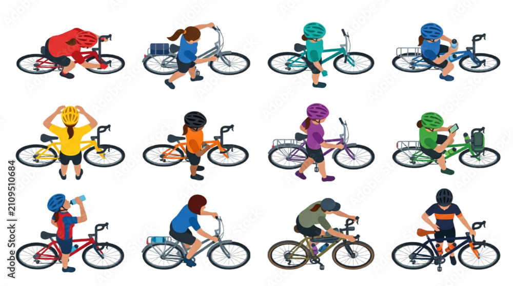Obraz premium Top View Cyclists Riding Bicycles Architectural Entourage Vector Set