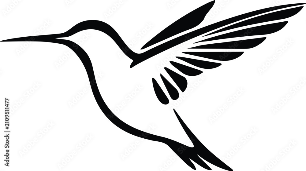 Fototapeta premium A minimalist black and white silhouette of a flying hummingbird vector