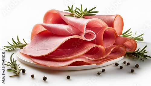 Thinly Sliced Cured Ham Rolled And Stacked On White Background