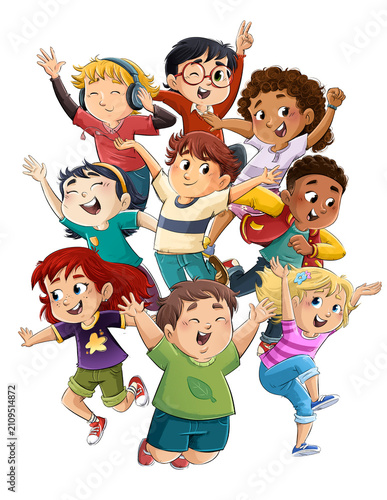 Grupo de niños saltando alegremente, ilustración aislada