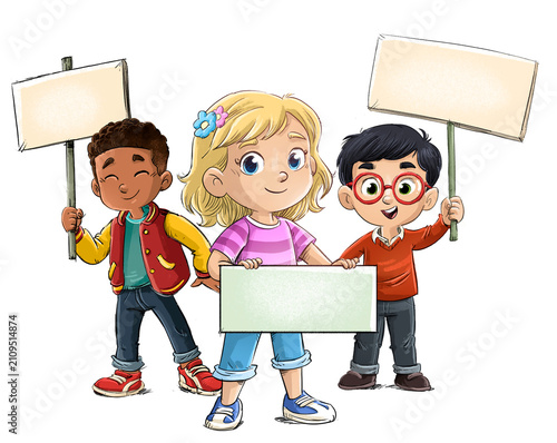 Grupo de tres niños con pancartas, ilustración infantil