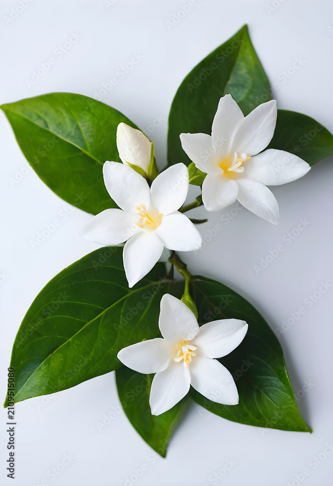 Naklejka premium Close-up of fresh jasmine flowers with green leaves