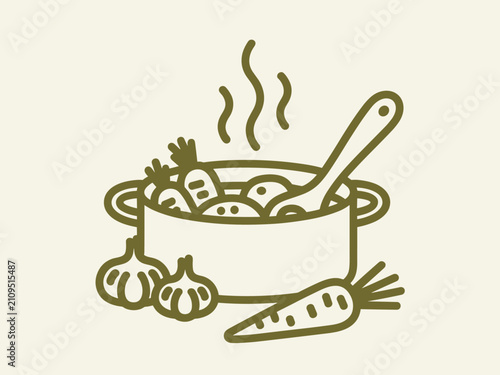 Εκτύπωση καμβά Olive green line of a cooking pot with vegetables, garlic bulbs, and a wooden sp