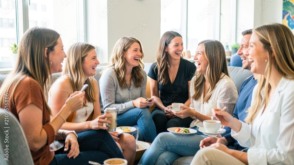 Obraz premium Group of diverse young professional female colleagues laughing and talking together while enjoying coffee and snacks in a bright modern office lounge during a casual break time meeting