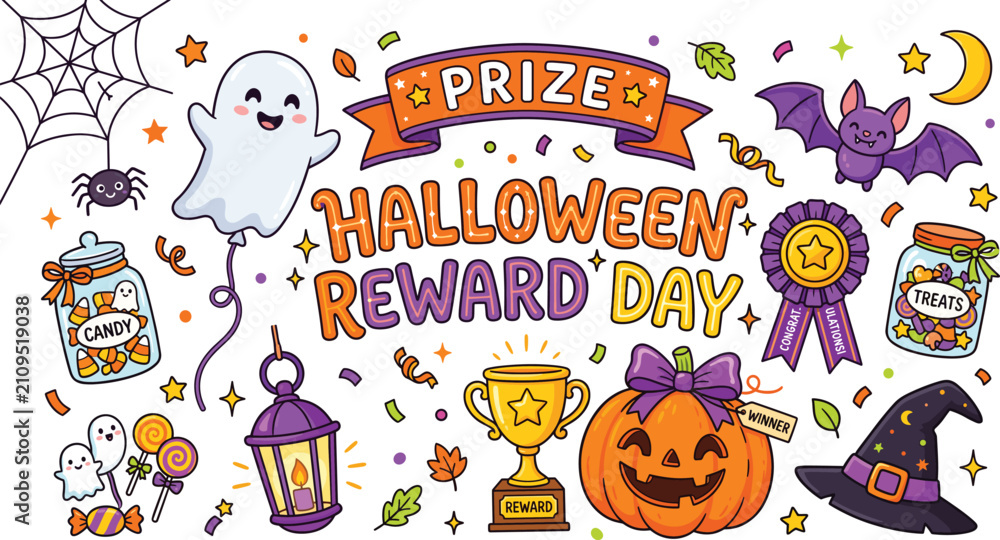 Fototapeta premium Cute Halloween reward day typography illustration with spooky prize elements trophy pumpkin and candy jars