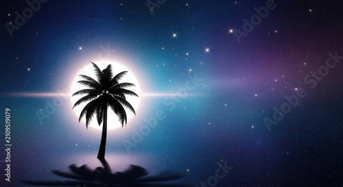 Silhouette palm tree against luminous moon and starry night sky