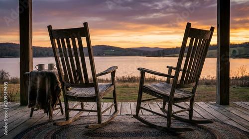 Tranquil lakeside sunset view with wooden rocking chairs on porch terrace
