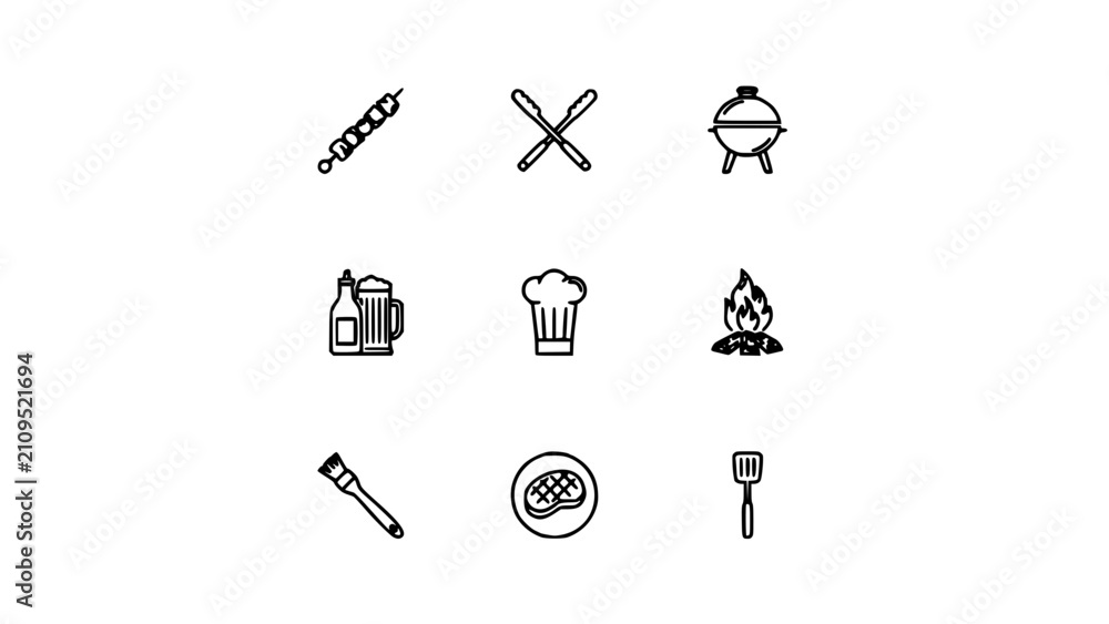 Fototapeta premium Cooking Icons Featuring a Pepper Mill, Knives, Grill, Beer Mug, Chef Hat, Campfire, Thermometer, Pizza, and Spatula