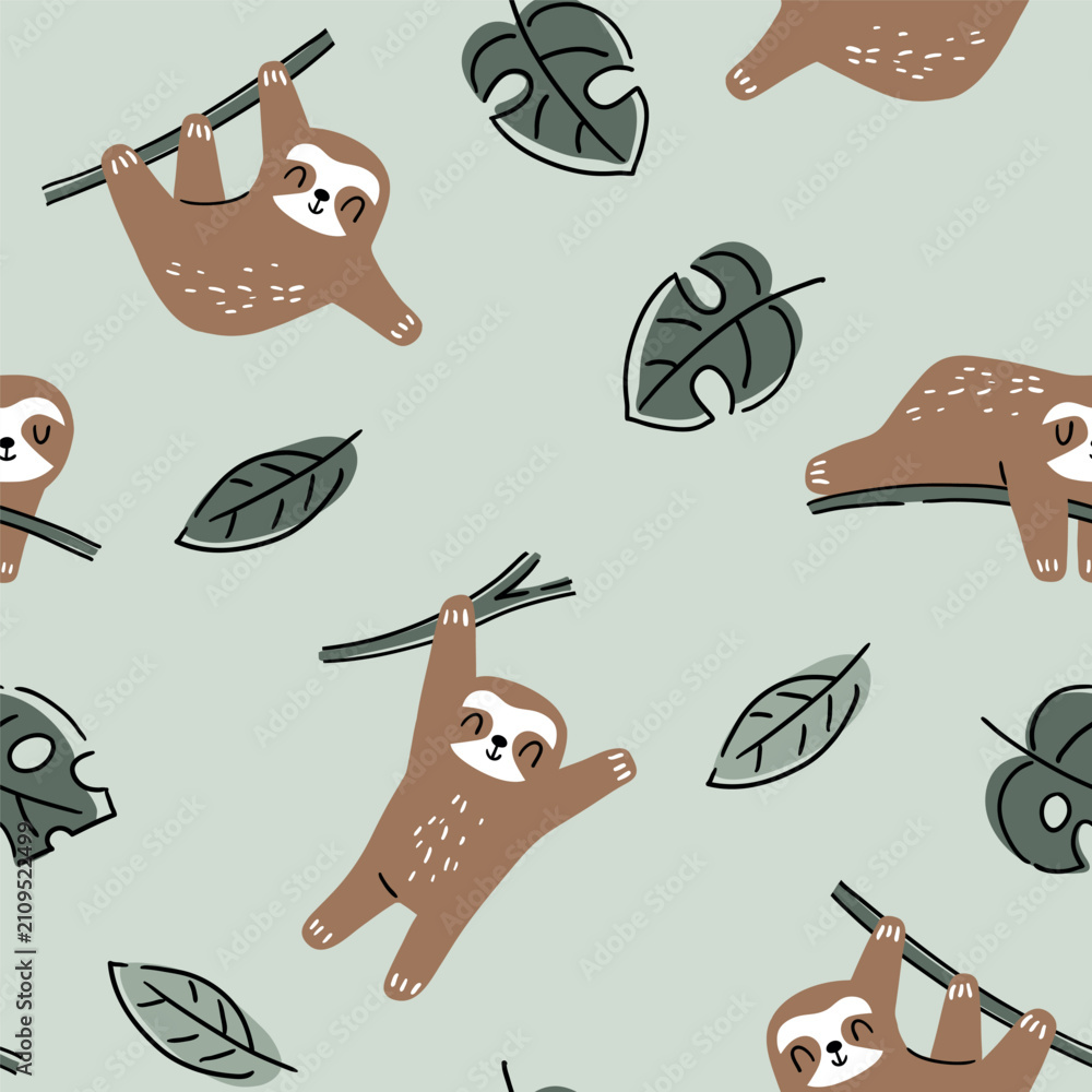 Naklejka premium Hand drawn seamless vector pattern with cute sloths and tropical palm leaves. Perfect for textile, wallpaper or print design.