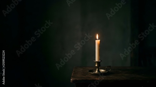 Single lit candle on dark wooden surface with dark background for somber mood