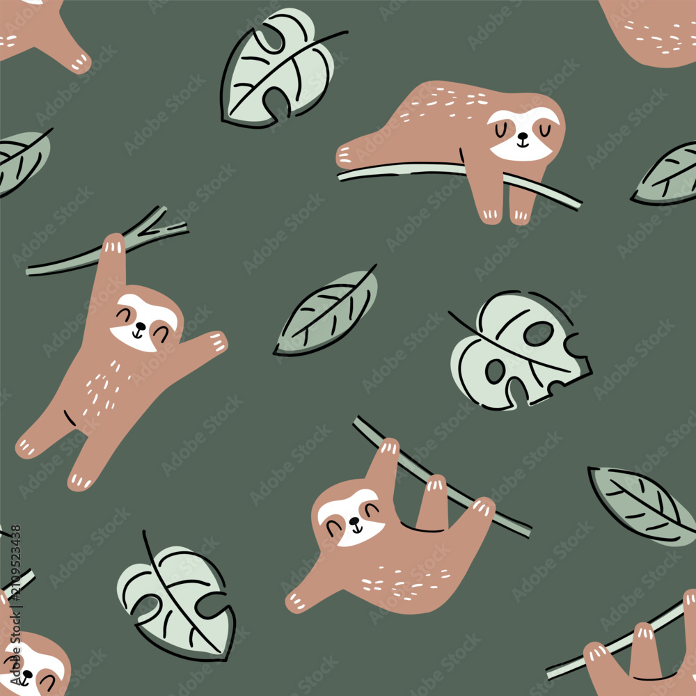 Fototapeta premium Hand drawn seamless vector pattern with cute sloths and tropical palm leaves. Perfect for textile, wallpaper or print design.