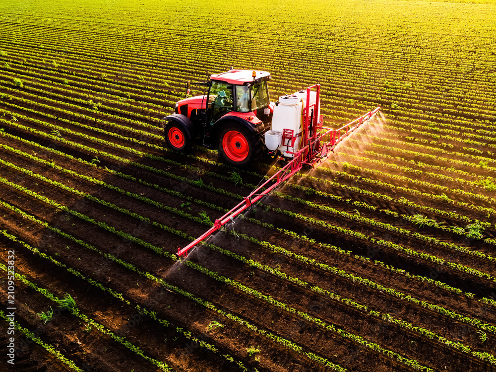 Obraz premium Tractor spraying soybean field aerial view agriculture