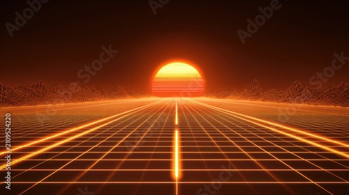Retro synthwave grid road towards neon sunset with wireframe mountains