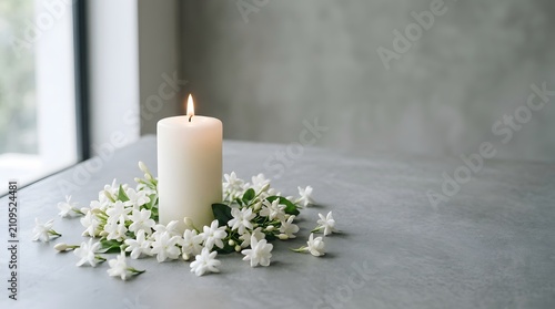 Elegant white pillar candle surrounded by small floral decorations on a neutral table