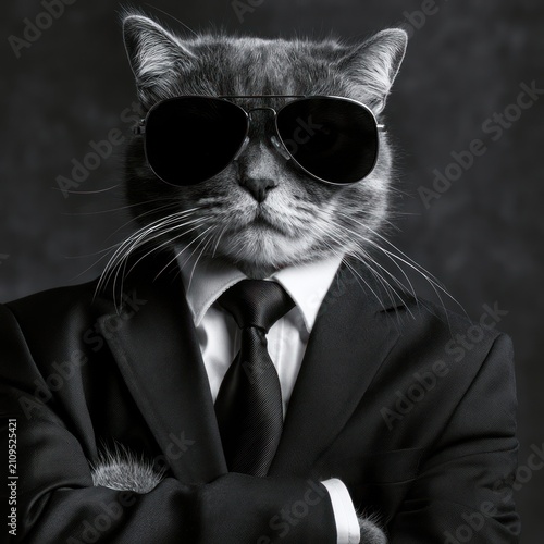 Dapper feline agent in sunglasses and suit with arms crossed studio portrait