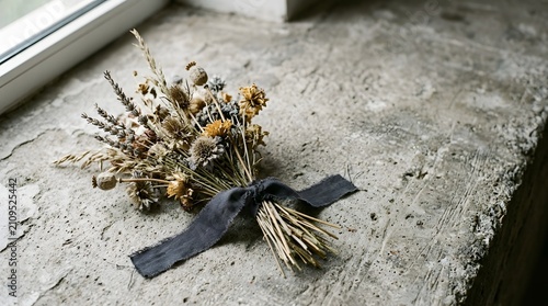 Rustic Dried Flower Bouquet Tied with Fabric Ribbon Resting on Concrete Surface