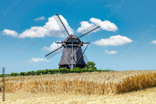 Partially harvested grain field with an old grain mill in the background – 9368