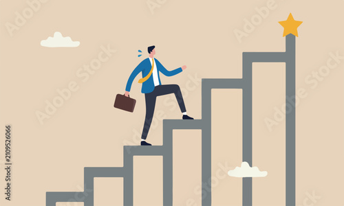Business career concept, businessman trying hard with full effort to climb up big step ladder or stairway