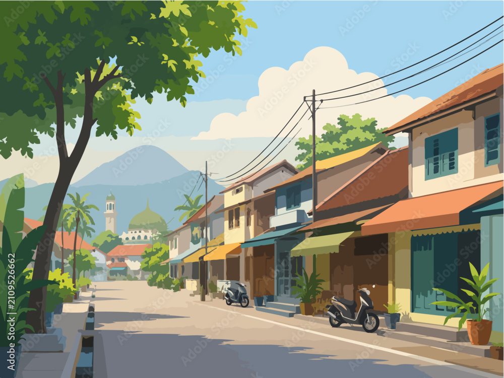 Obraz premium Sunny Indonesian Small Town Street with Shops Mountains and Tropical Trees