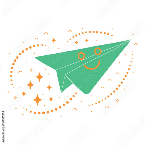 Smiling Paper Airplane Icon With Sparkles Flat Vector Illustration