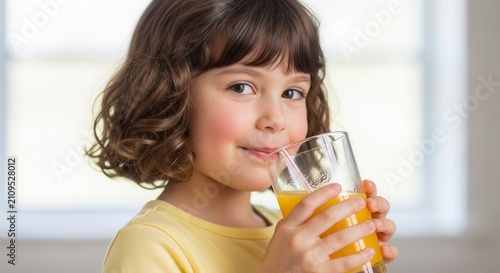 Happy child drinking orange juice from a glass with a straw