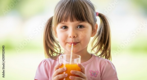 Happy child drinking orange juice from glass with straw, outdoor, summer