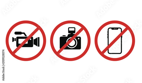 Prohibition and forbidden public rules red circle icons set no video recording, no camera, and no mobile phone allowed symbols bundle isolated on white background.