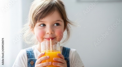 Happy Child Drinking Orange Juice with Straw