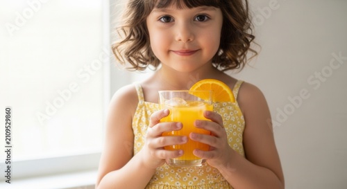 Happy Child Holding Glass of Orange Juice with Orange Slice
